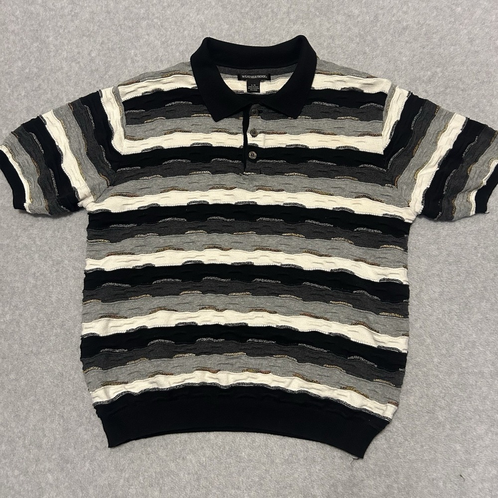 3D Textured Knit Polo Shirt Mens Large Black White 90s Vintage Weatherproof